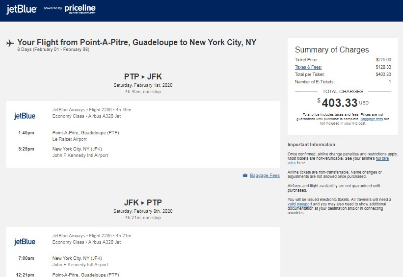 simulation tarif JetBlue